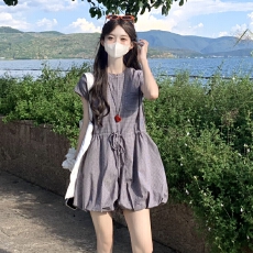 批发实拍2026春夏季新款 蓝格系带拉链花苞纯棉<b class='q'>连体</b><b class='q'>裤</b>女小个子<b class='q'>连衣</b><b class='q'>裤</b>