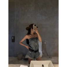 批发夏季新款牛仔吊带<b class='q'>抹胸</b>辣妹风复古露肩牛仔<b class='q'>连体裤</b>小众性感连体短裤