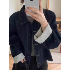 批发设计感条纹拼接袖口牛仔外套女2025春秋宽松小个子薄款上衣