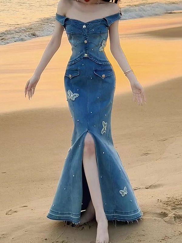 FA36016# 辣妹设计感蝴蝶装饰一字肩牛仔连衣裙女夏季新款时尚显瘦鱼尾长裙  服裝批發女裝批發服飾貨源