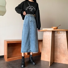 批发<b class='q'>牛仔</b>半身裙子女春秋新款大码胖mm开叉中长款高腰a字显瘦包臀长裙