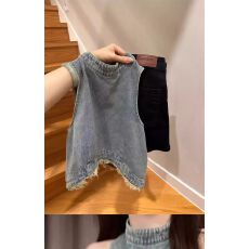 批发美式辣妹<b class='q'>牛仔</b>挂脖<b class='q'>吊带</b><b class='q'>背心</b>女春夏设计感毛边不规则性感无袖上衣潮