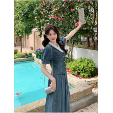 批发短袖牛仔套装裙女<b class='q'>夏</b>2025新款高级感气质绝美遮肚显瘦半身裙两件套