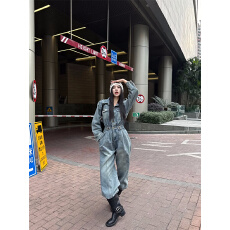 批发韩系工装牛仔<b class='q'>连体裤女</b>春秋新款高级感阔腿裤一体式收腰显瘦连身裤