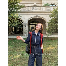 批发2025春秋<b class='q'>新款</b>小个子复古显瘦牛仔<b class='q'>连体裤女</b>早秋<b class='q'>新款</b>深蓝色百搭长裤