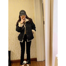 批发今年流行冬装新款羊羔毛加绒加厚黑色牛仔外套女秋冬季翻领小个子