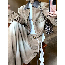 批发翻领短款牛仔<b class='q'>外套</b>高腰半身裙两件套女春秋新款韩版复古时尚套装潮