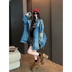 批发2025年新款设计感<b class='q'>秋</b>季翻领宽松港风女牛仔外套中长款百搭气质上衣