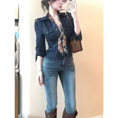 批发2025新款美式宽松翻领<b class='q'>牛仔</b>外套女秋季设计感小众短款收腰衬衫<b class='q'>上衣</b>