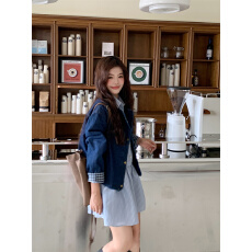 批发秋季韩版复古小众百搭洋气圆领格子翻边长袖<b class='q'>牛仔</b>外套女上衣宽松潮