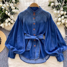 批发韩系复古绑带收腰立领灯笼袖牛仔衬衫女春高级感宽松长袖休闲上衣