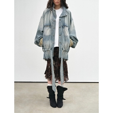 批发新款复古潮流设计秋季简约风翻领长袖口袋饰浅女牛仔腰带夹克外套