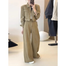 批发韩版卡其色<b class='q'>牛仔</b>时尚套装女春季新款长袖短款外套显瘦阔腿裤两件套