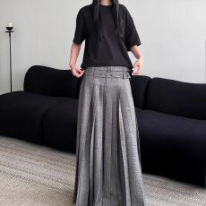 批发美式复古灰色高级感百褶<b class='q'>长裙女</b>春秋时尚设计感压褶A字半身裙减龄