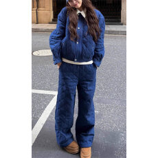 批发韩系复古小众菱格纹棉服女秋冬季蓝色直筒宽松保暖外套<b class='q'>上衣</b>两件套