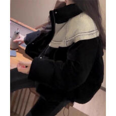 批发欧美风时尚洋气牛仔拼接棉服外套女冬季宽松小个子保暖加厚面包服