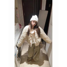 批发韩版保暖小个子羊羔毛外套女冬季加厚棉服慵懒风针织拼接毛毛上衣