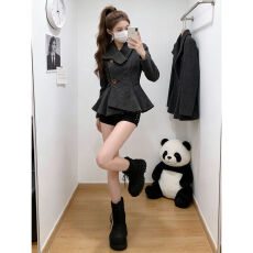 批发法式高级感长袖黑色收腰花苞下摆呢外套2026<b class='q'>春</b>季保暖毛呢大衣外套