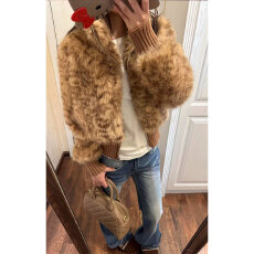 批发美式复古甜美风棕色针织拼接虎纹短环保<b class='q'>皮草</b>女冬季棕色<b class='q'>短款</b>外套潮