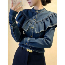 批发复古牛仔荷叶边长袖上衣女2026年蓝色设计感减龄气质短款<b class='q'>衬衫</b>外套