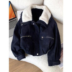 批发韩版<b class='q'>皮毛</b><b class='q'>一体</b>短款棉服外套女冬季加厚小个子羊羔毛领牛仔短外套潮