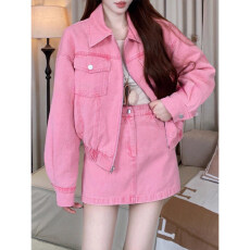 批发2026休闲翻领长袖女粉色加绒加厚牛仔可拆卸毛毛外套<b class='q'>高腰</b><b class='q'>裙</b>裤套装