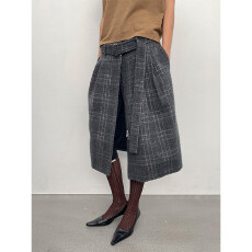 批发2026年春季个性<b class='q'>时尚</b>复古高腰系带灰色格纹前开叉直筒毛呢半身裙女