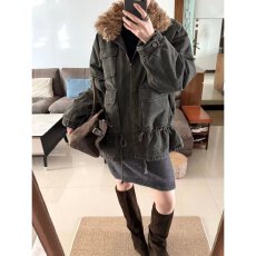 批发美式老钱风加厚毛领派克服女秋<b class='q'>冬</b>宽松百搭休闲棉服军绿色保暖外套