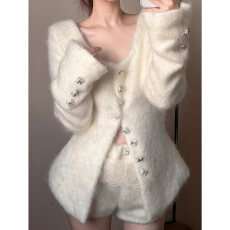 批发2026年新款时尚千金风白色V领毛呢外套女春秋收腰排扣高级感上衣