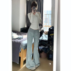 批发灰色小个子<b class='q'>运动</b>套装女冬季休闲简约大毛领连帽卫衣外套长裤两件套