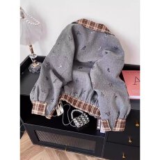 批发2025新款美式复古设计感拼接领外套女<b class='q'>冬</b>格子拼接宽松港风夹克上衣