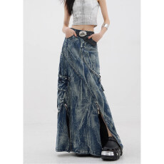 批发重工水洗扎染复古半身裙宽松2026春秋新款拉链装饰时尚牛仔裙裙子