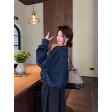 批发美式复古设计感圆领<b class='q'>牛仔</b><b class='q'>衬衫</b><b class='q'>女</b>春季新款宽松显瘦百搭休闲长袖上衣
