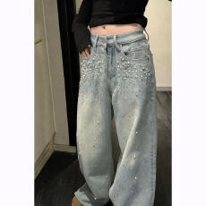 批发韩系休闲阔腿牛仔<b class='q'>裤</b>2026春季新款女高腰显瘦<b class='q'>百搭</b>满天星蓝色高级感