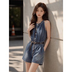 批发时尚复古牛仔<b class='q'>连体</b>裤女夏新款收腰显瘦气质设计感小众高级感<b class='q'>短裤</b>潮