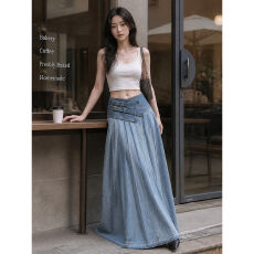 批发法式复古高腰牛仔<b class='q'>半身裙</b>女夏设计感小众慵懒风显瘦垂感长款 A字裙