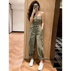 批发美式复古工装连体裤女宽松显瘦阔腿裤盐系穿搭夏季薄款<b class='q'>背带</b>裤<b class='q'>长裤</b>