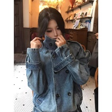 批发美式复古立领双排扣牛仔外套女春秋新款设计感机车服夹克短外套潮