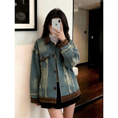 批发法式复古做旧牛仔外套女春<b class='q'>秋</b>新款拼接毛边宽松显瘦设计感小众上衣