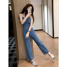 批发法式复古牛仔<b class='q'>连体</b><b class='q'>裤</b>女款秋季通勤显瘦高腰阔腿裤气质无袖吊带<b class='q'>长裤</b>