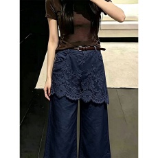 批发法式复古休闲蕾丝假两件牛仔裤<b class='q'>女</b>秋宽松直筒<b class='q'>七分裤</b>设计感小众裤子