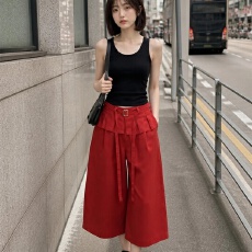 批发法式复古红色阔腿裤女士高腰垂感宽松显瘦遮肉休闲百搭西装七分裤