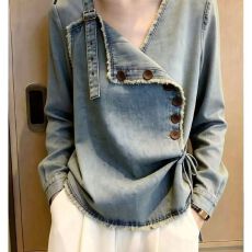 批发法式复古不规则<b class='q'>牛仔</b><b class='q'>衬衫</b>女早秋新款气质独特斜襟排扣系带显瘦上衣