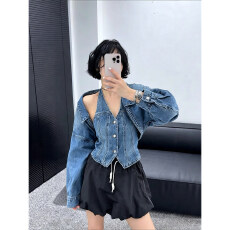 批发美式复古<b class='q'>牛仔</b>外套女设计感小众露肩吊带辣妹短款上衣显瘦两件套潮