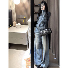 批发美式复古辣妹<b class='q'>牛仔</b><b class='q'>套装</b>女春秋新款收腰显瘦短外套高腰阔腿裤两件套