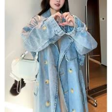 批发法式复古长款牛仔外套女春秋新款设计感小众宽松显瘦气质风衣上衣