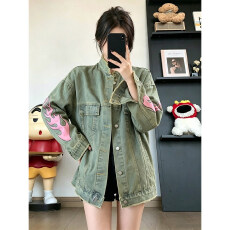 批发美式复古牛仔外套女<b class='q'>春</b>秋季新款宽松设计感小众做旧工装夹克上衣潮