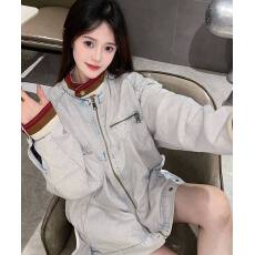 批发美式复古拼色立领做旧牛仔外套女秋季2026新款设计感宽松夹克上衣