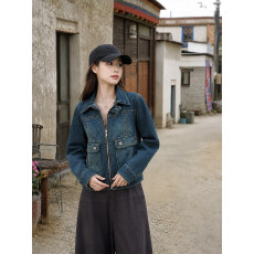 批发辣妹短款牛仔外套女秋季设计感小众拉链上衣深蓝色显瘦机车夹克潮