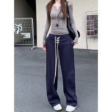 批发实拍~妮味儿卫裤绑带金属扣装饰慵懒风抽绳休闲裤蓝色阔腿长裤